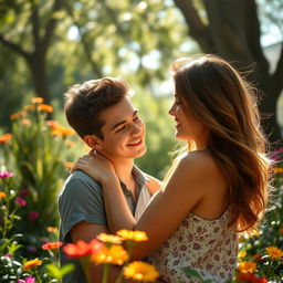 A romantic outdoor scene under soft, dappled sunlight, featuring a couple in an intimate moment