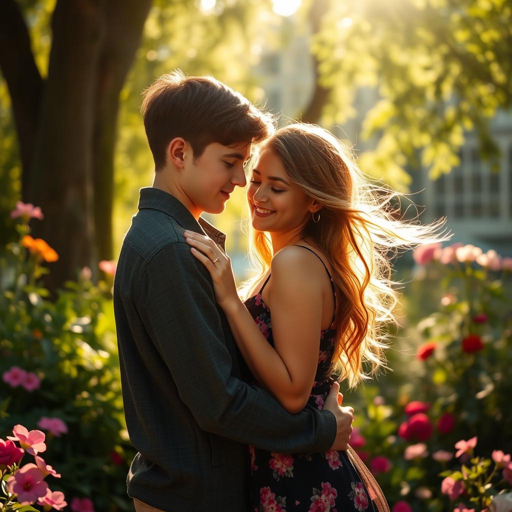 A romantic outdoor scene under soft, dappled sunlight, featuring a couple in an intimate moment