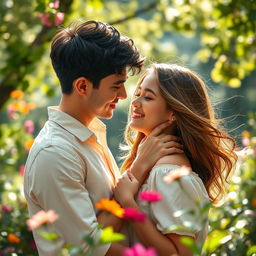 A romantic outdoor scene under soft, dappled sunlight, featuring a couple in an intimate moment