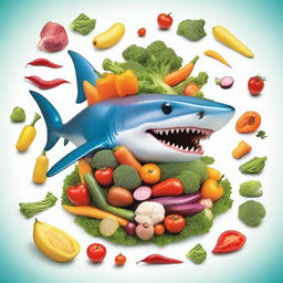 A conceptually interesting image of a shark being provided with a vibrant assortment of vegetables, implying a unique take on the carnivorous sea creature as a vegetarian