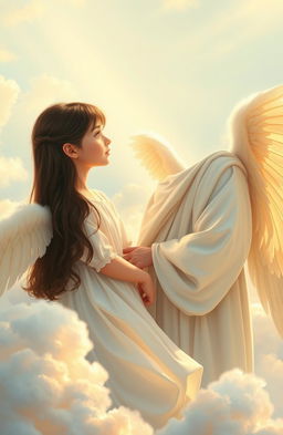 A realistic portrayal of a teenage girl with dark brown hair, depicted as an angel, engaging in a conversation with God in a serene sky