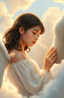 A realistic portrayal of a teenage girl with dark brown hair, depicted as an angel, engaging in a conversation with God in a serene sky