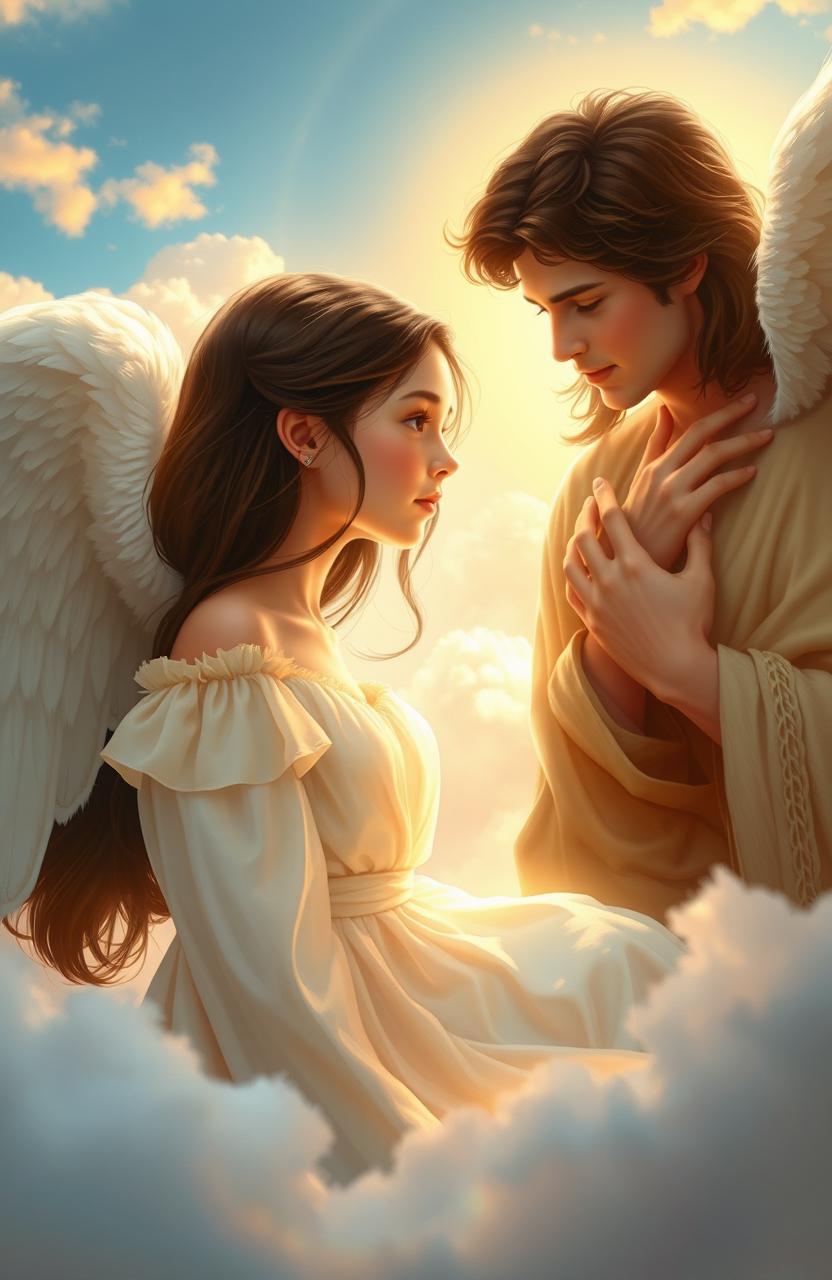 A realistic portrayal of a teenage girl with dark brown hair, depicted as an angel, engaging in a conversation with God in a serene sky