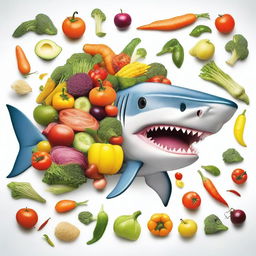 A conceptually interesting image of a shark being provided with a vibrant assortment of vegetables, implying a unique take on the carnivorous sea creature as a vegetarian