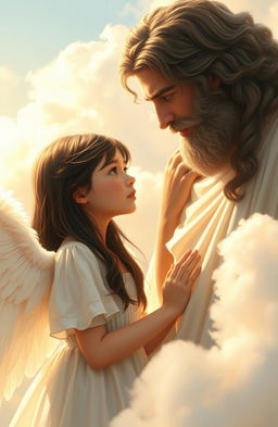 A realistic portrayal of a teenage girl with dark brown hair, depicted as an angel, engaging in a conversation with God in a serene sky