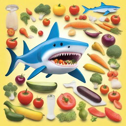 A conceptually interesting image of a shark being provided with a vibrant assortment of vegetables, implying a unique take on the carnivorous sea creature as a vegetarian