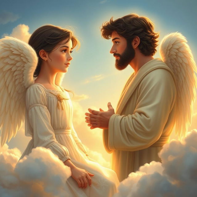 A realistic portrayal of a teenage girl with dark brown hair, depicted as an angel, having a conversation with God in a heavenly setting