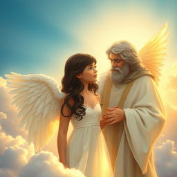 A realistic portrayal of a teenage girl with dark brown hair, depicted as an angel, having a conversation with God in a heavenly setting