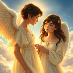 A realistic portrayal of a teenage girl with dark brown hair, depicted as an angel, having a conversation with God in a heavenly setting
