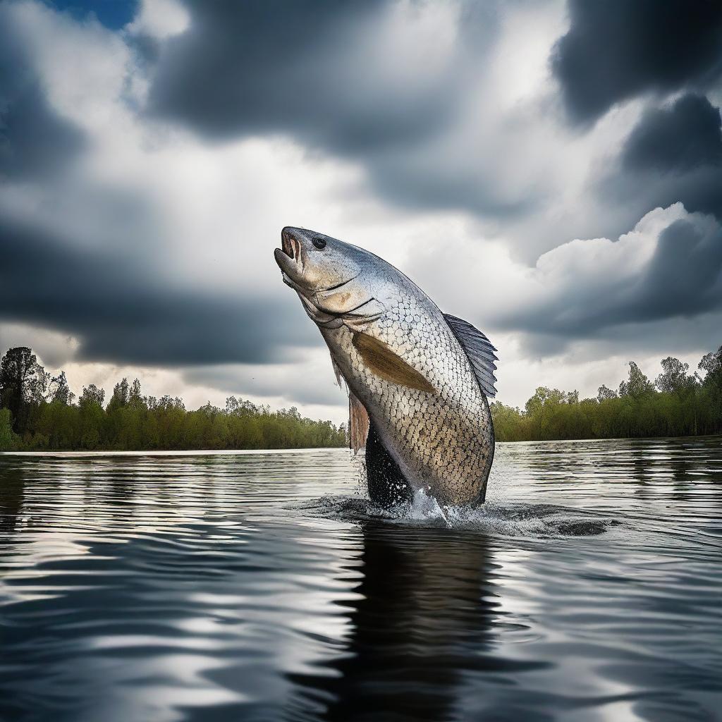 A dramatic image of a mighty fisherman engaged in a battle of strength with the largest fish ever, with rippling water and clouds giving the scene a sense of epic grandeur