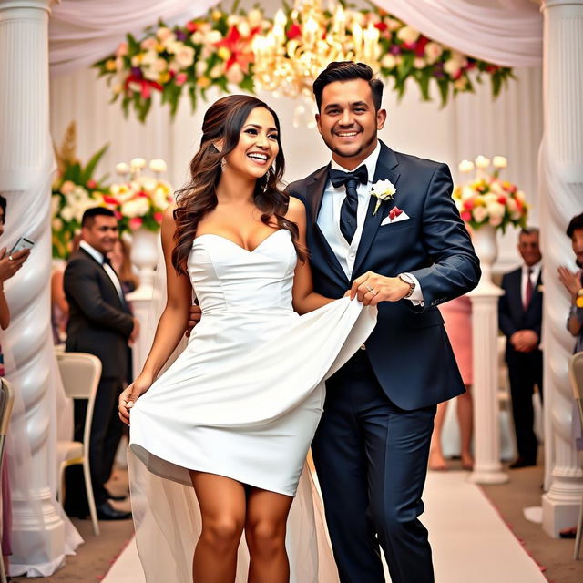 A joyful wedding scene featuring a bride and groom, with the bride wearing a fashionable, short, and form-fitting dress, accentuating her curves