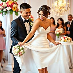 A joyful wedding scene featuring a bride and groom, with the bride wearing a fashionable, short, and form-fitting dress, accentuating her curves