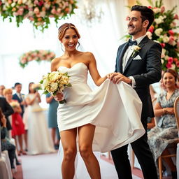 A joyful wedding scene featuring a bride and groom, with the bride wearing a fashionable, short, and form-fitting dress, accentuating her curves