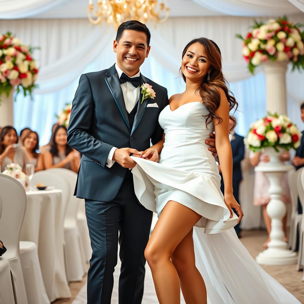 A joyful wedding scene featuring a bride and groom, with the bride wearing a fashionable, short, and form-fitting dress, accentuating her curves