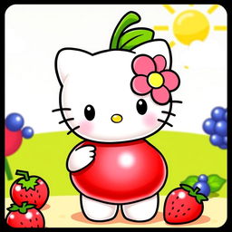 A cute character inspired by Hello Kitty, fully dressed in a whimsical cherry costume