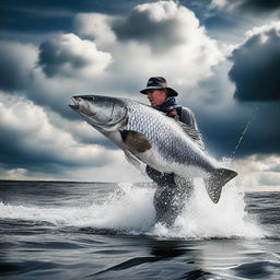 A dramatic image of a mighty fisherman engaged in a battle of strength with the largest fish ever, with rippling water and clouds giving the scene a sense of epic grandeur