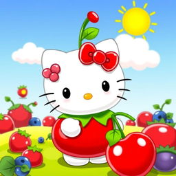 A cute character inspired by Hello Kitty, fully dressed in a whimsical cherry costume