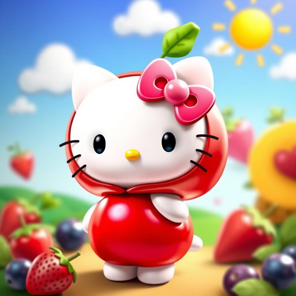 A cute character inspired by Hello Kitty, fully dressed in a whimsical cherry costume