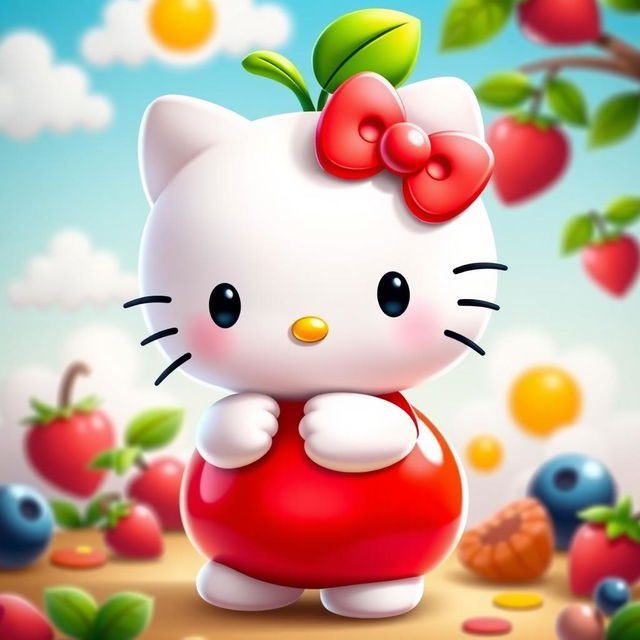 A cute character inspired by Hello Kitty, fully dressed in a whimsical cherry costume