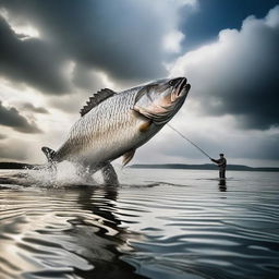 A dramatic image of a mighty fisherman engaged in a battle of strength with the largest fish ever, with rippling water and clouds giving the scene a sense of epic grandeur