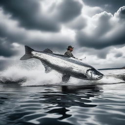 A dramatic image of a mighty fisherman engaged in a battle of strength with the largest fish ever, with rippling water and clouds giving the scene a sense of epic grandeur