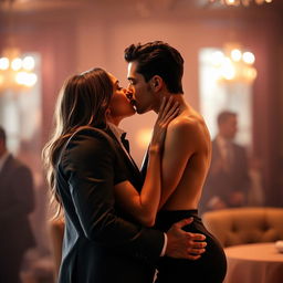 A romantic scene featuring a man and a woman kissing face to face