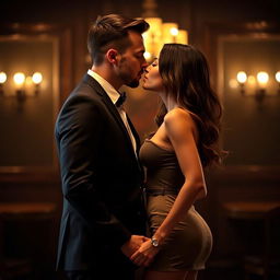 A romantic scene featuring a man and a woman kissing face to face