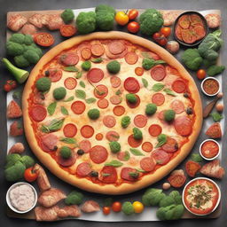 A humorous yet awe-inspiring image of an enormous pizza, the size of a city park, with a variety of toppings sprawled out, adding colors to the landscape