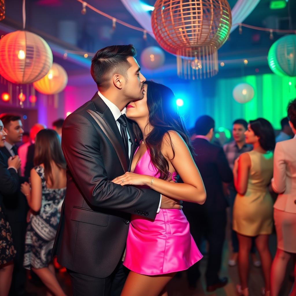 A lively party scene featuring a man and a woman sharing an intimate face-to-face kiss