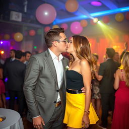 A lively party scene featuring a man and a woman sharing an intimate face-to-face kiss