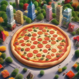 A humorous yet awe-inspiring image of an enormous pizza, the size of a city park, with a variety of toppings sprawled out, adding colors to the landscape