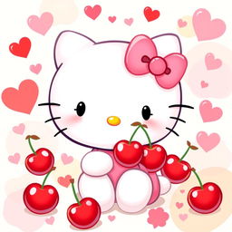 A delightful illustration of Hello Kitty surrounded by cherries and hearts