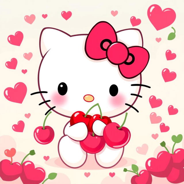 A delightful illustration of Hello Kitty surrounded by cherries and hearts