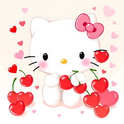 A delightful illustration of Hello Kitty surrounded by cherries and hearts