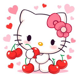 A delightful illustration of Hello Kitty surrounded by cherries and hearts