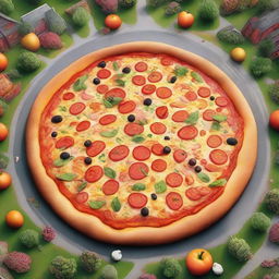 A humorous yet awe-inspiring image of an enormous pizza, the size of a city park, with a variety of toppings sprawled out, adding colors to the landscape