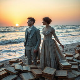 A young man and a young woman dressed in elegant 19th-century attire, gazing thoughtfully at the horizon from a beach scattered with old, selected, and valuable books