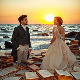 A young man and a young woman dressed in elegant 19th-century attire, gazing thoughtfully at the horizon from a beach scattered with old, selected, and valuable books