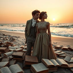 A young man and a young woman dressed in elegant 19th-century attire, gazing thoughtfully at the horizon from a beach scattered with old, selected, and valuable books