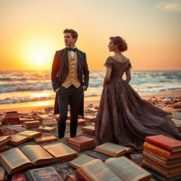 A young man and a young woman dressed in elegant 19th-century attire, gazing thoughtfully at the horizon from a beach scattered with old, selected, and valuable books