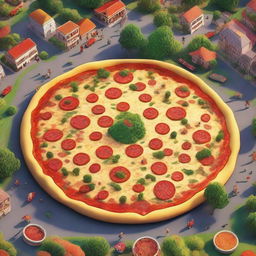 A humorous yet awe-inspiring image of an enormous pizza, the size of a city park, with a variety of toppings sprawled out, adding colors to the landscape