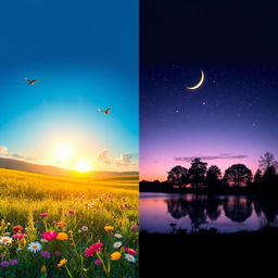 A beautifully contrasting scene depicting both morning and night in a single view