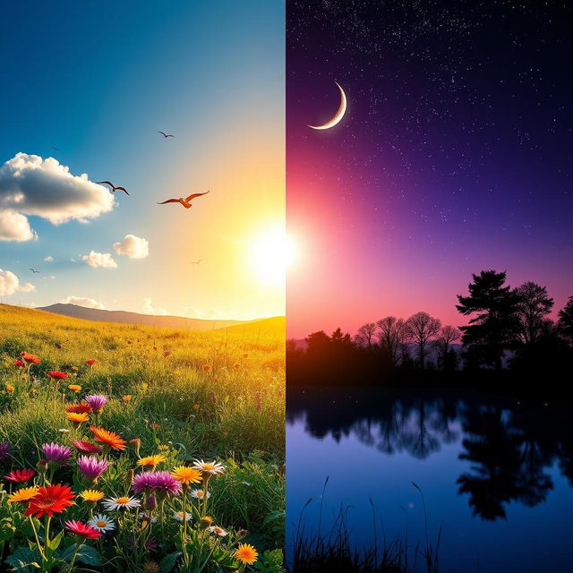 A beautifully contrasting scene depicting both morning and night in a single view