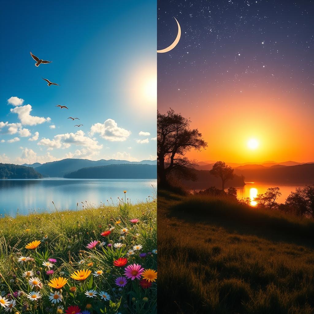 A beautifully contrasting scene depicting both morning and night in a single view