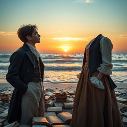 A young man and a young woman dressed in elegant 19th-century attire, gazing into the horizon filled with books, standing on a beach scattered with ancient and precious books