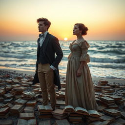 A young man and a young woman dressed in elegant 19th-century attire, gazing into the horizon filled with books, standing on a beach scattered with ancient and precious books