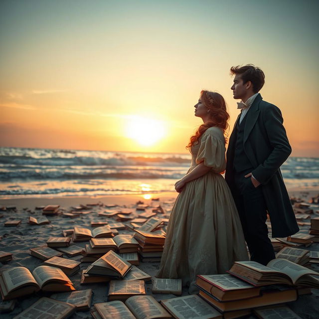 A young man and a young woman dressed in elegant 19th-century attire, gazing into the horizon filled with books, standing on a beach scattered with ancient and precious books