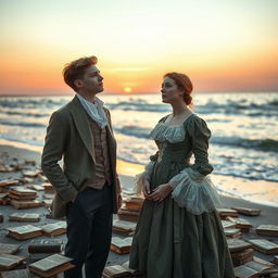 A young man and a young woman dressed in elegant 19th-century attire, gazing into the horizon filled with books, standing on a beach scattered with ancient and precious books