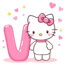 An adorable illustration of Hello Kitty standing next to a big pink letter 'V'