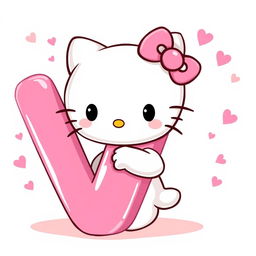 An adorable illustration of Hello Kitty standing next to a big pink letter 'V'